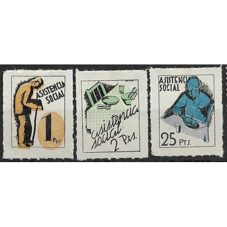 Viñetas. Asistencia Social. 1, 2 y 25 Pesetas (Nuevos, con señal de fijasellos)