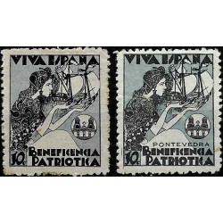 Viñetas. Beneficencia Patriótica. Pontevedra. 10 Céntimos y 10 Céntimos (Nuevos, con señal de fijasellos)