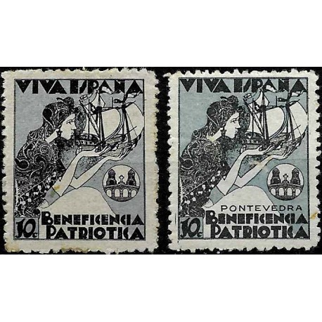 Viñetas. Beneficencia Patriótica. Pontevedra. 10 Céntimos y 10 Céntimos (Nuevos, con señal de fijasellos)