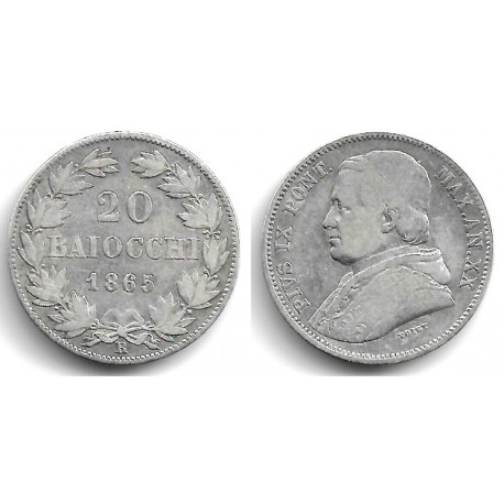 (1360a) Ciudad del Vaticano. 1865. 20 Baiocchi (BC+) (Plata)