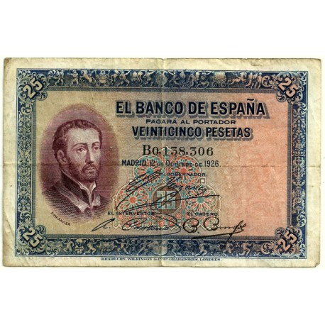 [1926] Billete de 25 Pesetas (RC). Serie B. Pequeño agujero en el centro.