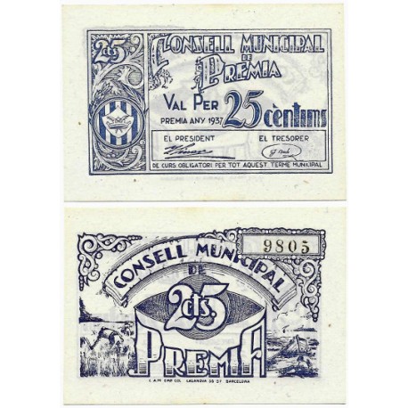 Premià. 1937. 25 Céntimos (SC)