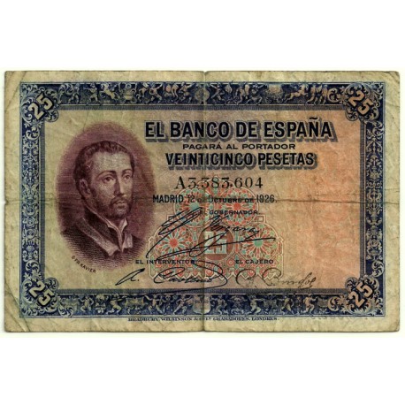 [1926] Billete de 25 Pesetas (RC). Serie A. Pequeña rotura en margen superior e inferior (Doblez)