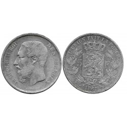 (24) Bélgica. 1867. 5 Francs (BC+) (Plata)