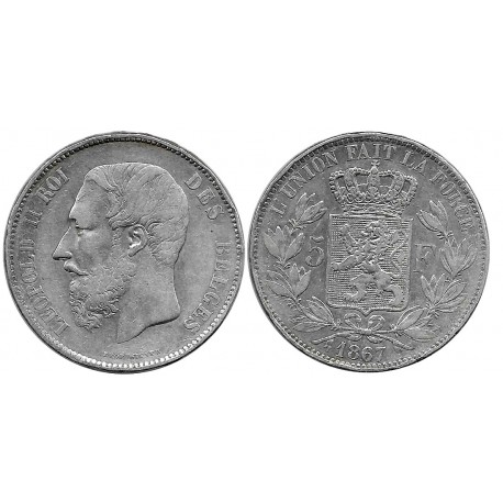 (24) Bélgica. 1867. 5 Francs (BC+) (Plata)