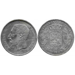 (24) Bélgica. 1869. 5 Francs (BC+) (Plata)