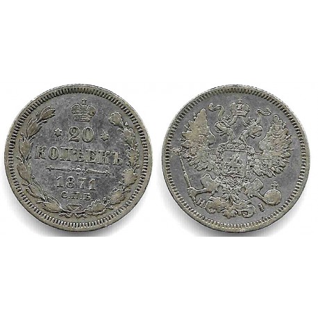 (Y22a.1) Imperio Ruso. 1871. 20 Kopeks (MBC) (Plata)