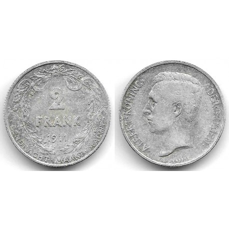(75) Bélgica. 1911. 2 Francs (BC+) (Plata)