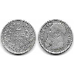 (58.1) Bélgica. 1909. 2 Francs (MBC-) (Plata)