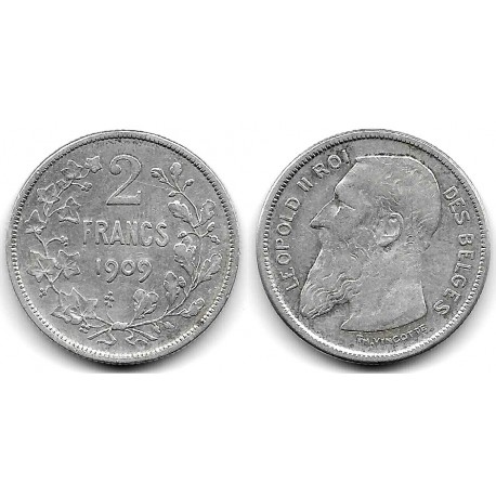 (58.1) Bélgica. 1909. 2 Francs (MBC-) (Plata)