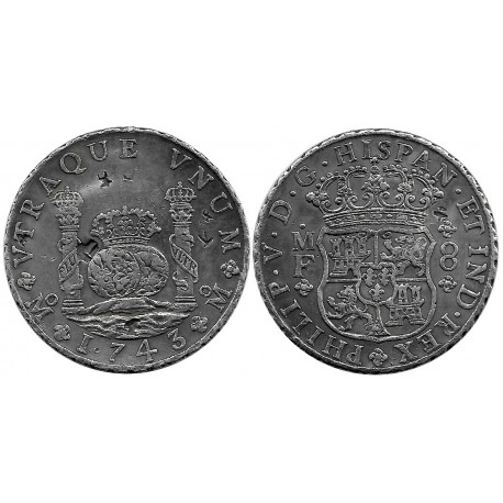 Felipe V. 1743. 8 Reales (EBC) (Plata) Ceca de Mejico MF, Resellos