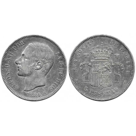 Alfonso XII. 1884*(18-84). 5 Pesetas (MBC-) (Plata) Ceca de Madrid MS-M
