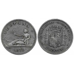 Gobierno Provisional. 1870*(---70). 5 Pesetas (BC) (Plata) Ceca de Madrid SN-M