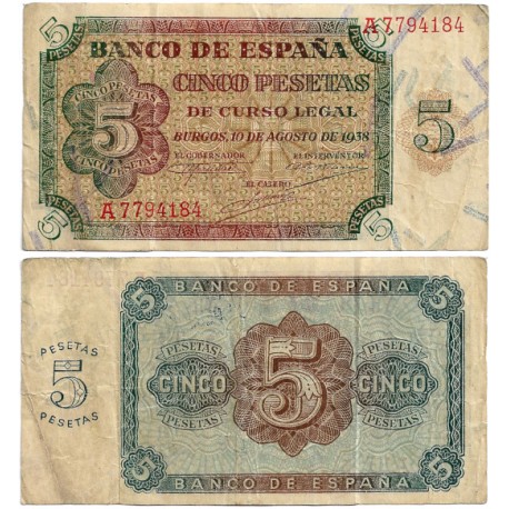 Estado Español. 1938. 5 Pesetas (BC/BC+) Serie A