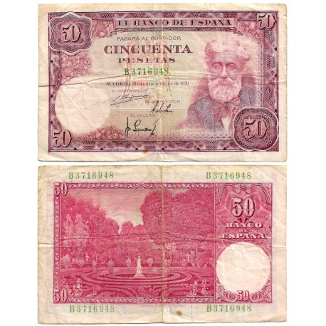 Estado Español. 1951. 50 Pesetas (BC/BC+) Serie B, Leves roturas en márgenes y pequeña mancha
