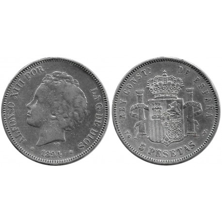 Alfonso XIII. 1894*(18-94). 5 Pesetas (BC+) (Plata) Ceca de Madrid PG-V