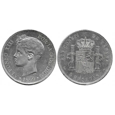 Alfonso XIII. 1899*(18-99). 5 Pesetas (EBC+) (Plata) Ceca de Madrid SG-V
