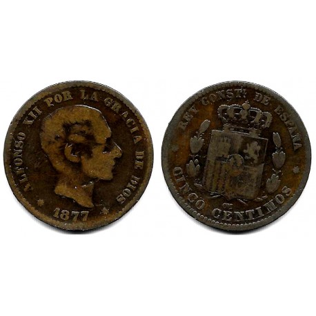 Alfonso XII. 1877. 5 Céntimos (BC-) Ceca de Barcelona OM