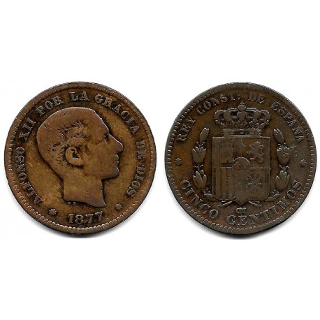 Alfonso XII. 1877. 5 Céntimos (BC-/BC) Ceca de Barcelona OM