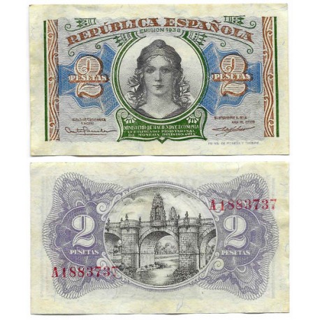 España (II República). 1938. 2 Pesetas (MBC) Serie A