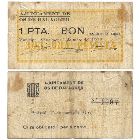 Os de Balaguer. 1938. 1 Peseta (BC) Manchas