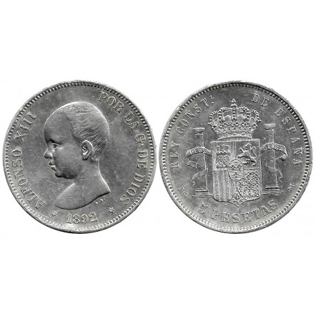 Alfonso XIII. 1892*(18-92). 5 Pesetas (MBC/MBC+) (Plata) Ceca de Madrid PG-M
