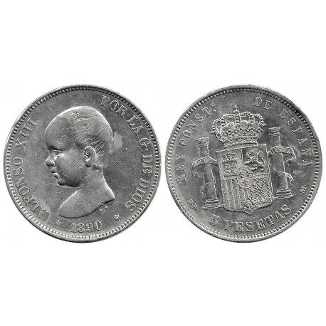 Alfonso XIII. 1890*(18-90). 5 Pesetas (MBC) (Plata) Ceca de Madrid MP-M