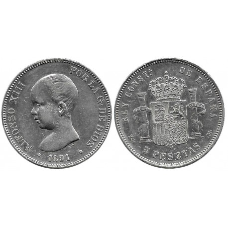 Alfonso XIII. 1891*(18-91). 5 Pesetas (MBC) (Plata) Ceca de Madrid PG-M