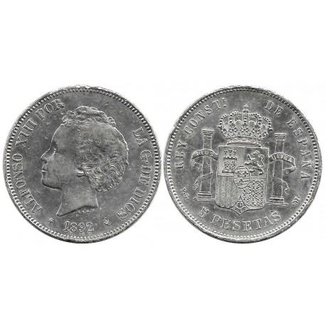 Alfonso XIII. 1892*(18-92). 5 Pesetas (MBC-) (Plata) Ceca de Madrid PG-M