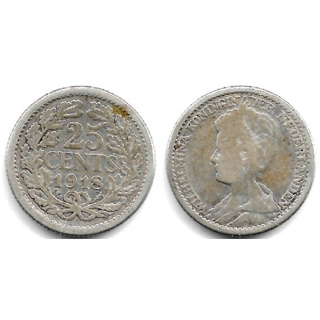 (146) Países Bajos. 1918. 25 Cents (BC/BC-) (Plata)