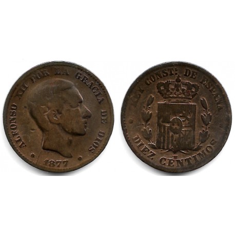 Alfonso XII. 1877. 10 Céntimos (BC/BC-) Ceca de Barcelona OM