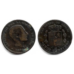 Alfonso XII. 1879. 5 Céntimos (BC/BC-) Ceca de Barcelona OM, Mancha
