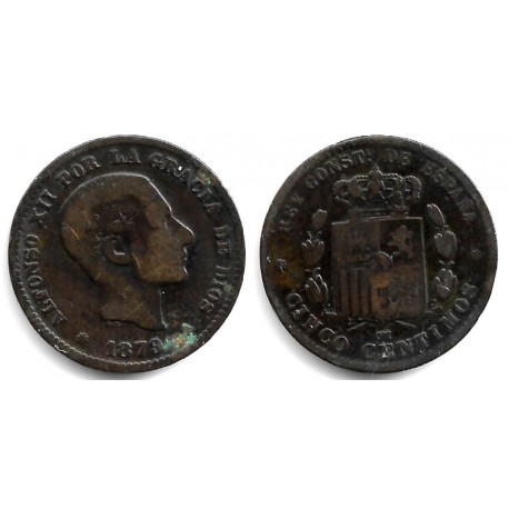 Alfonso XII. 1879. 5 Céntimos (BC/BC-) Ceca de Barcelona OM, Mancha