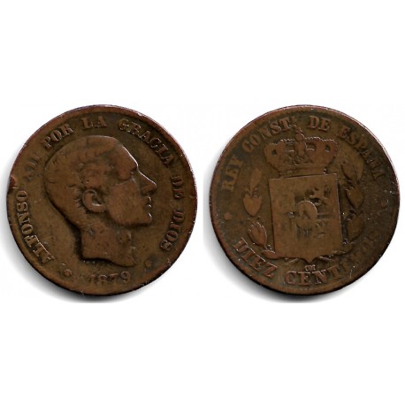 Alfonso XII. 1879. 10 Céntimos (BC-/BC) Ceca de Barcelona OM