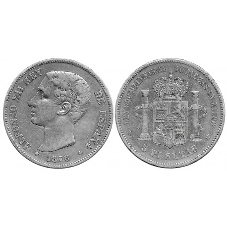 Alfonso XII. 1876*(---76). 5 Pesetas (BC+/BC) (Plata) Ceca de Madrid DE-M
