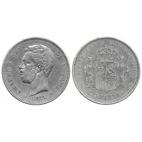 Amadeo I. 1871*(18-71). 5 Pesetas (MBC-) (Plata) Ceca de Madrid SD-M