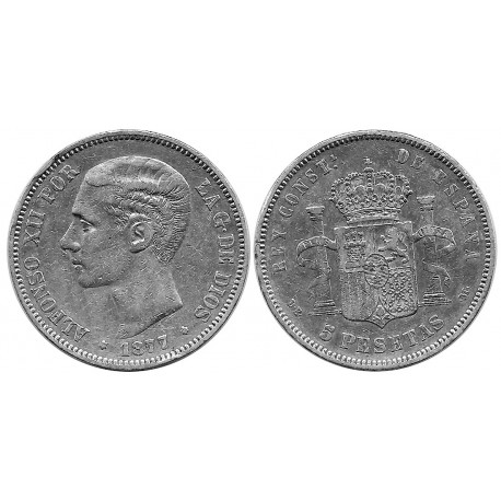 Alfonso XII. 1877*(18-7-). 5 Pesetas (BC) (Plata) Ceca de Madrid DE-M