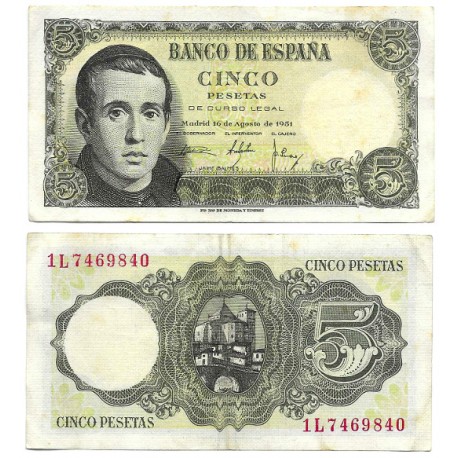 Estado Español. 1951. 5 Pesetas (MBC) Serie 1L, Manchas