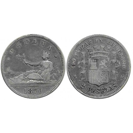 Gobierno Provisional. 1870*(---75). 2 Pesetas (BC) (Plata) Ceca de Madrid DE-M