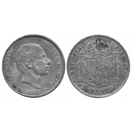 Alfonso XII. 1885. 50 Centavos de Peso (MBC) (Plata) Ceca de Manila