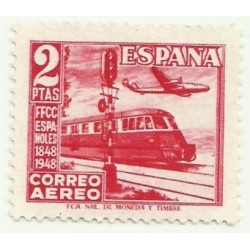 (1039)  1948. 2 Pesetas. Centenario del Ferrocarril (Nuevo, sin goma)