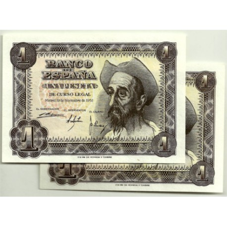 [1951] Billete de 1 Peseta (EBC+) Serie C. Pareja Correlativa