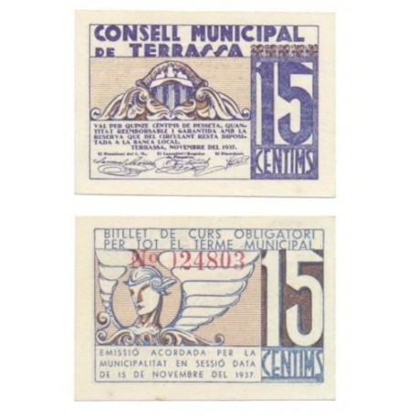 Terrassa [1937] Billete de 15 Cèntims (SC)