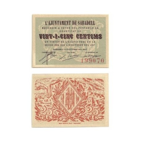 Sabadell [1937] Billete de 25 Cèntims (SC)