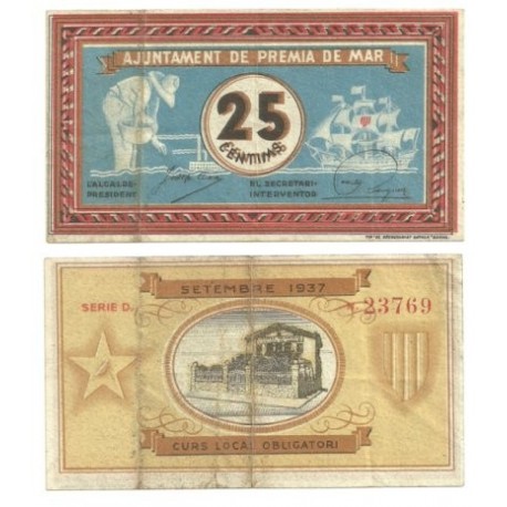 Premià de Mar [1937] Billete de 25 Cèntims (MBC)