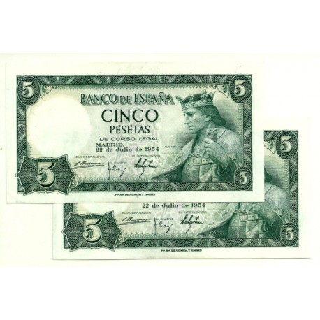 [1954] Billete de 5 Pesetas (EBC+) Sin Serie. Pareja correlativa