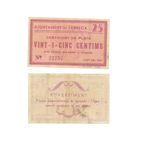 Tàrrega [1937] Billete de 25 Cèntims (MBC)