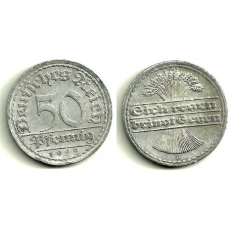 (27) Imperio Alemán (Weimar). 1922(A). 50 Pfennig (MBC+)