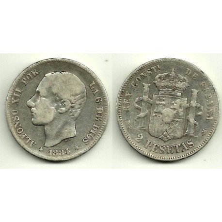 Alfonso XII. 1884*(---84). 2 Pesetas (BC) (Plata) Ceca de Madrid MS-M