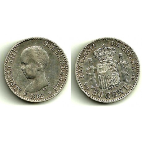 Alfonso XIII. 1892*(9-2). 50 Céntimos (MBC) (Plata) Ceca de Madrid PG-M